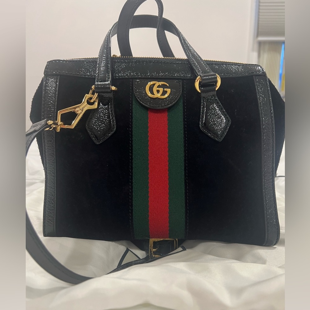 Suede Patent Web GG Small Ophidia Dome Shoulder Bag Black